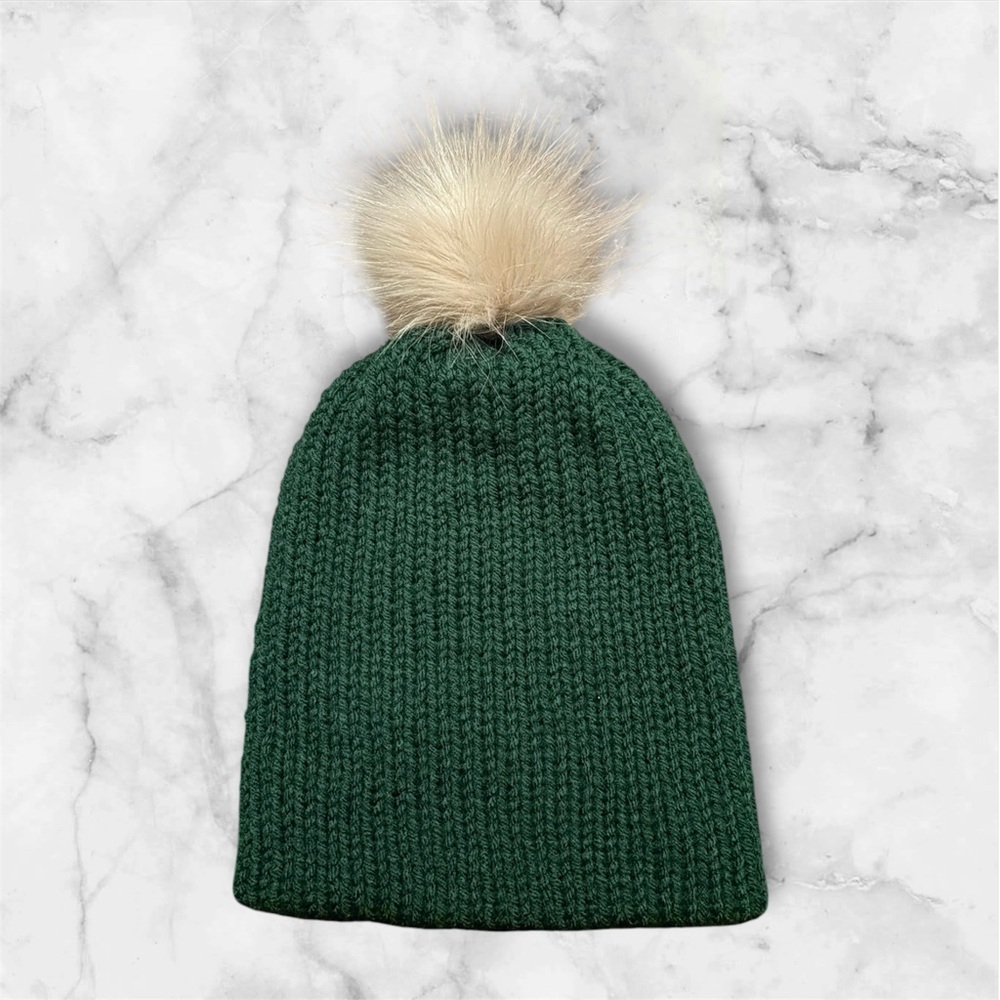 Handmade Green Knit Beanie with Faux Fur Pom